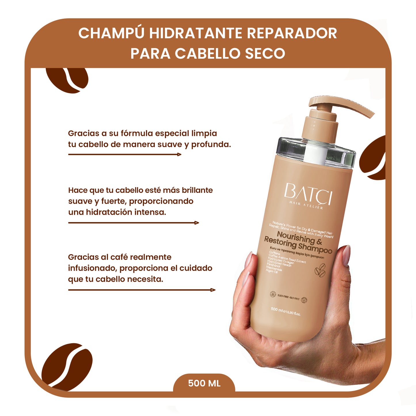 Champú Nutritivo y Reparador para Cabello Seco y Dañado con Extracto de Café - Fórmula con Queratina y Colágeno - 500 ML