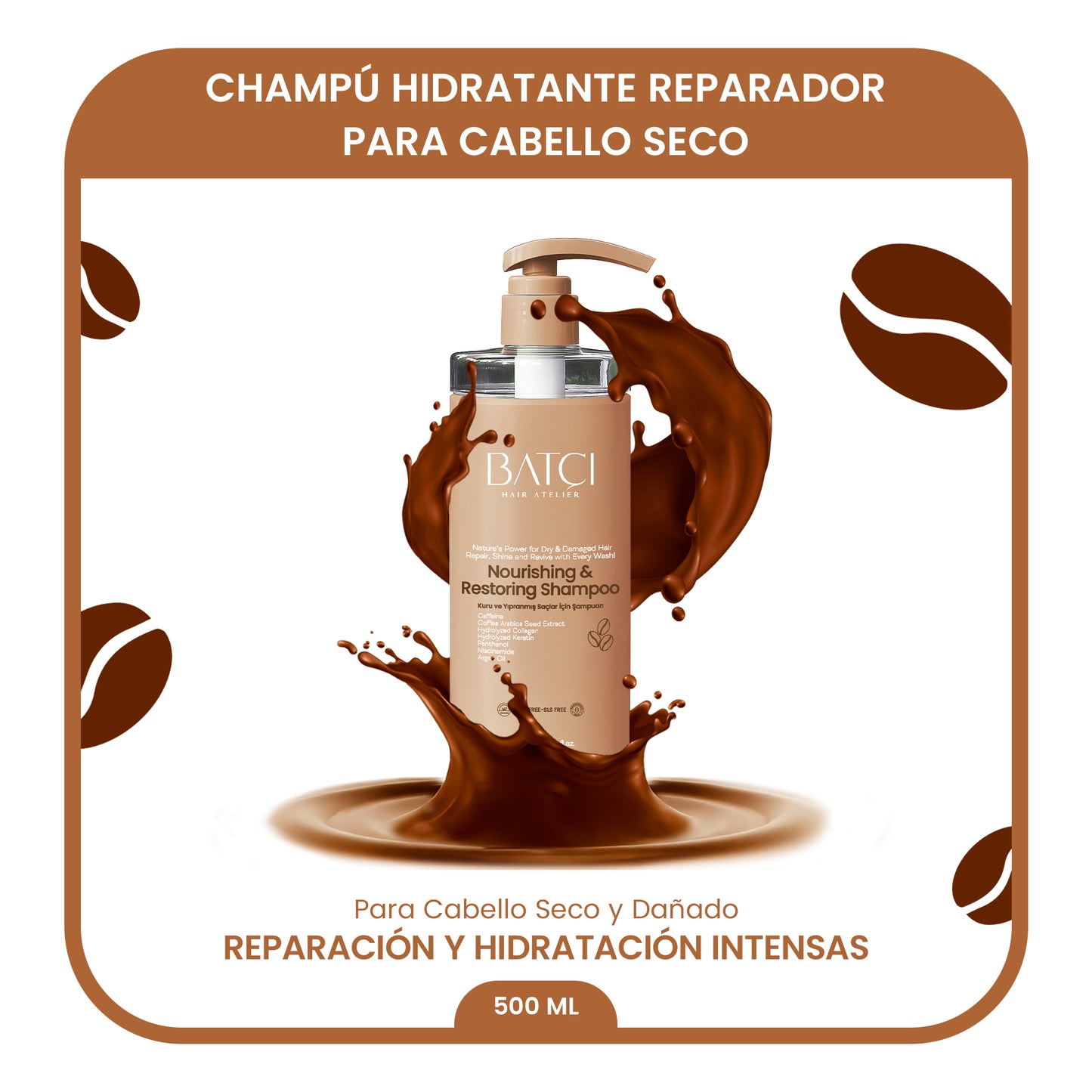 Champú Nutritivo y Reparador para Cabello Seco y Dañado con Extracto de Café - Fórmula con Queratina y Colágeno - 500 ML