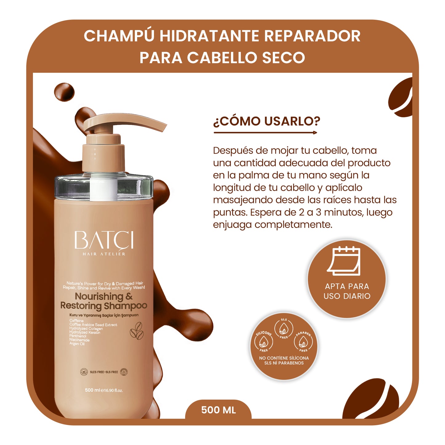 Champú Nutritivo y Reparador para Cabello Seco y Dañado con Extracto de Café - Fórmula con Queratina y Colágeno - 500 ML