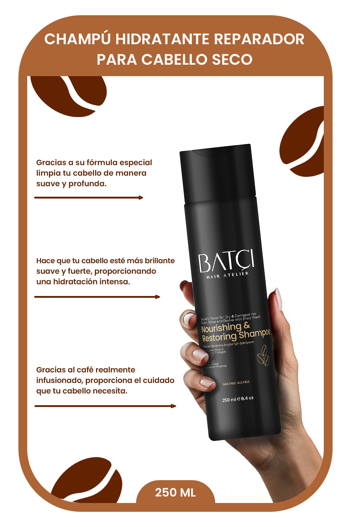 Champú Nutritivo y Reparador para Cabello Seco y Dañado con Extracto de Café - Fórmula con Queratina y Colágeno - 250 ML