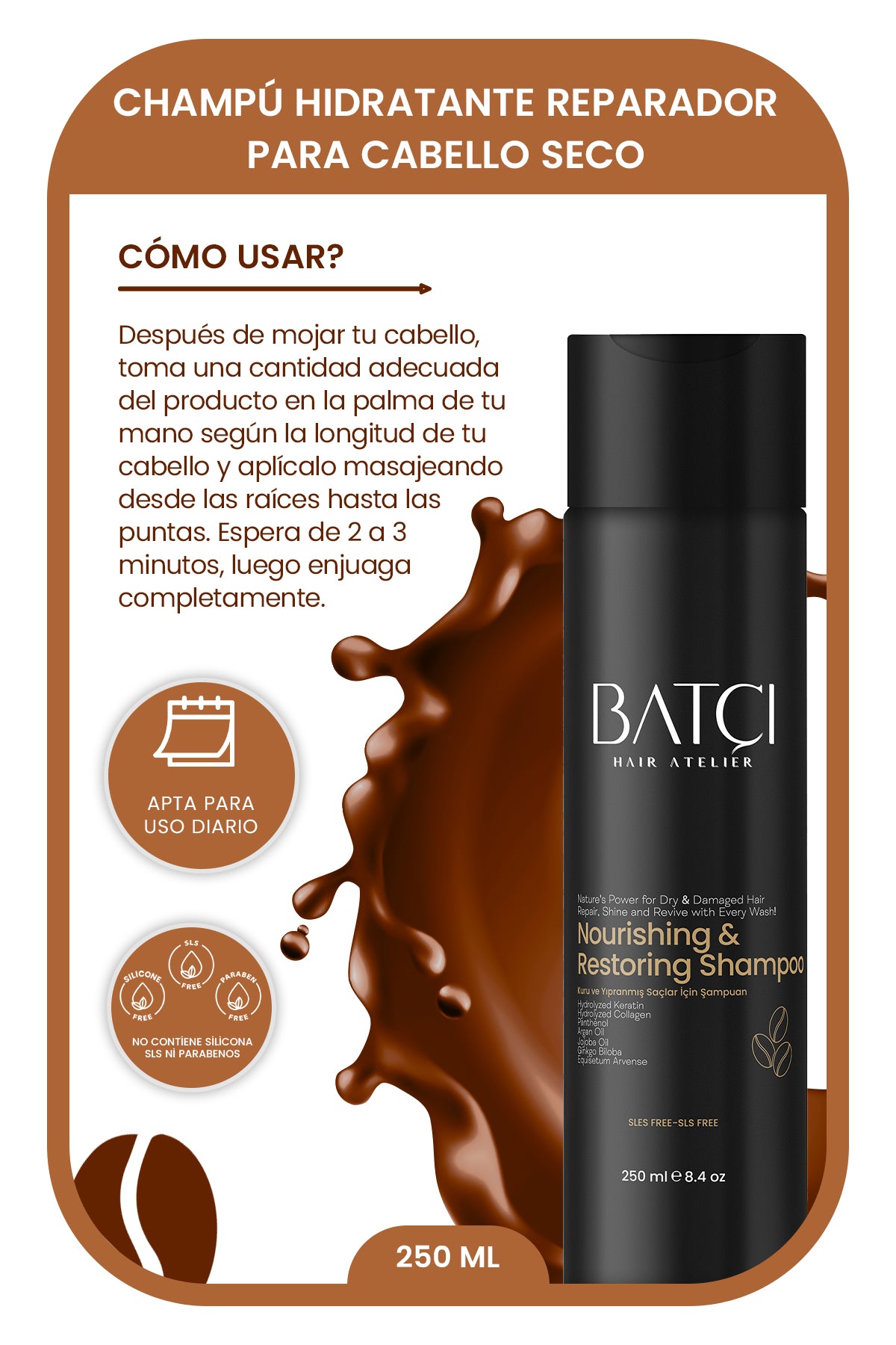 Champú Nutritivo y Reparador para Cabello Seco y Dañado con Extracto de Café - Fórmula con Queratina y Colágeno - 250 ML