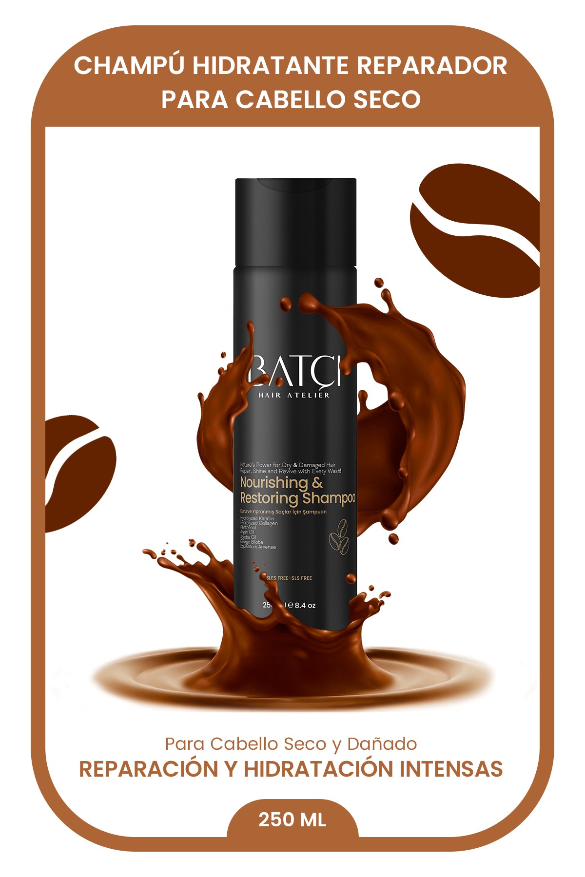 Champú Nutritivo y Reparador para Cabello Seco y Dañado con Extracto de Café - Fórmula con Queratina y Colágeno - 250 ML