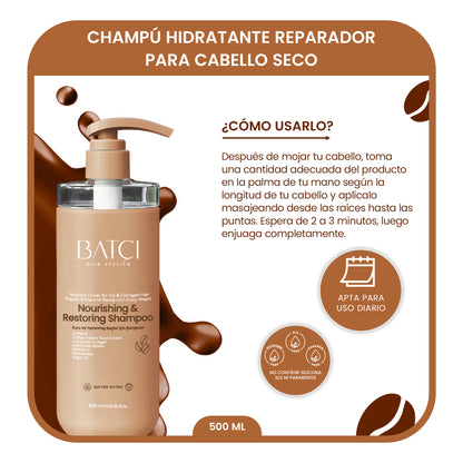 Champú Nutritivo y Reparador para Cabello Seco y Dañado con Extracto de Café - Fórmula con Queratina y Colágeno - 500 ML