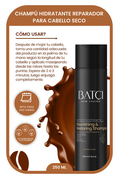 Champú Nutritivo y Reparador para Cabello Seco y Dañado con Extracto de Café - Fórmula con Queratina y Colágeno - 250 ML